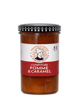 Apfel-Karamell-Konfitüre im Glas mit Etikett von La Fruitière de Colpo